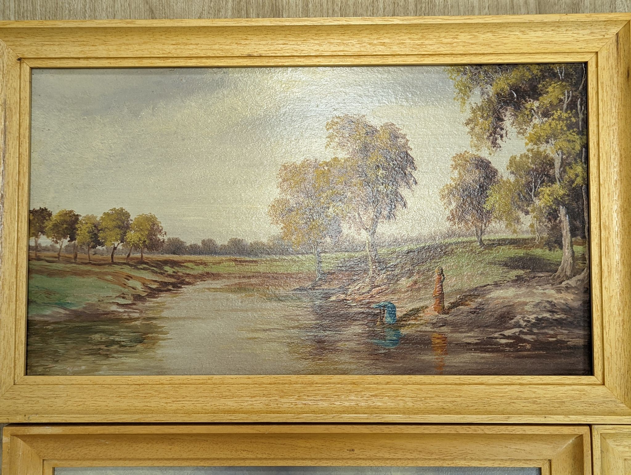 Early 20th century Indian School, four oils on card, Rustic landscapes, largest 31 x 45cm